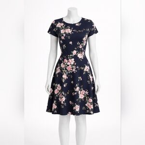 Jessica Howard Women’s 14P Navy Floral Dress Petite Short Sleeve Fit & Flare #F5